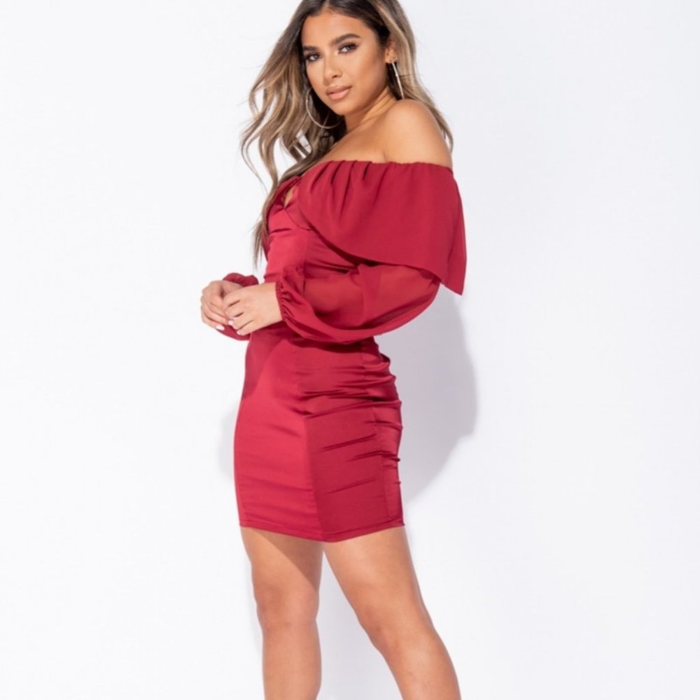 Burgundy Satin Silk Long Balloon Sleeve Off Shoulder Bodycon Mini Dress - Picture 3 of 8